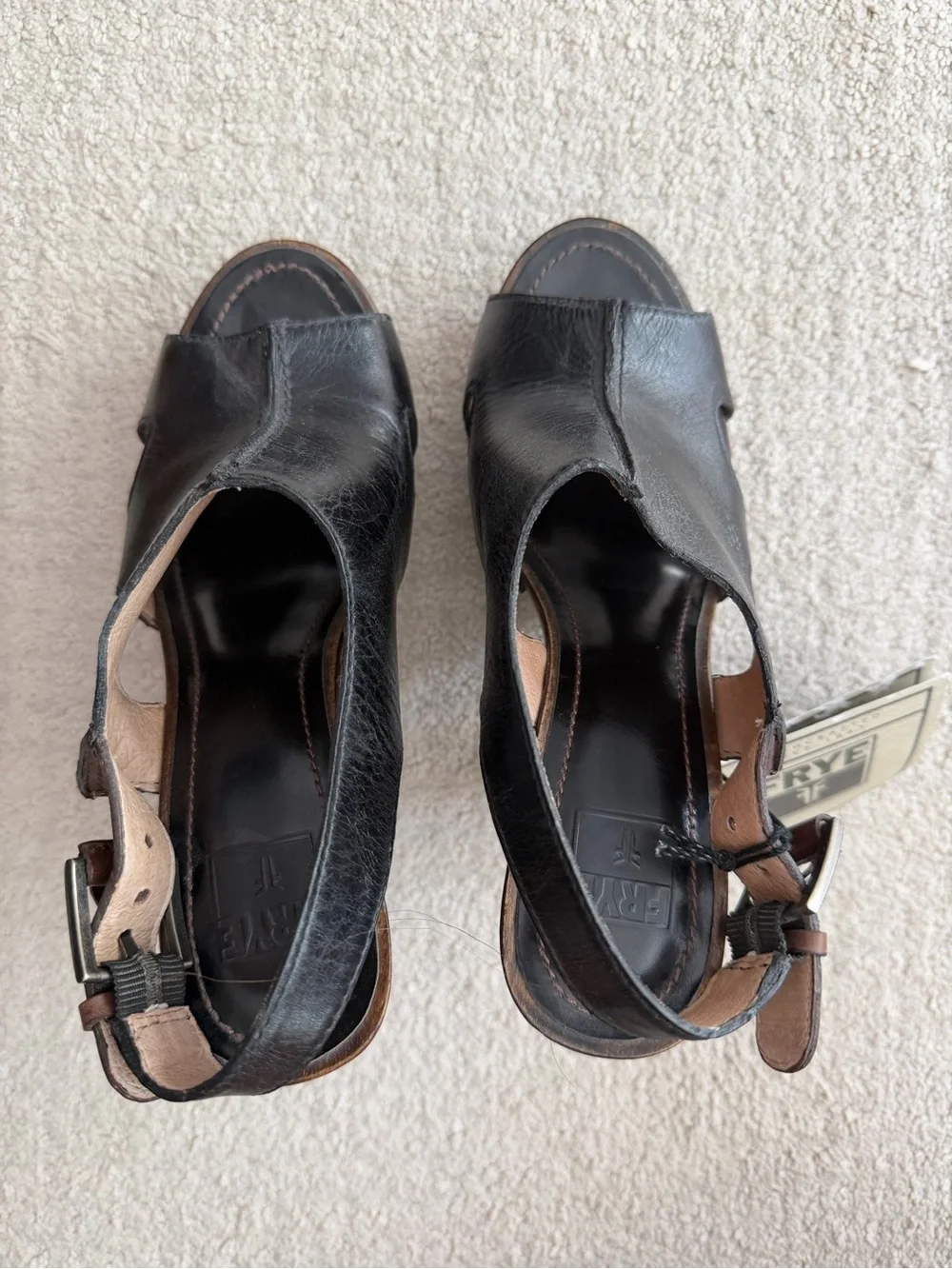 Frye Black Leather and Brown Wood Platform Slingback Heels